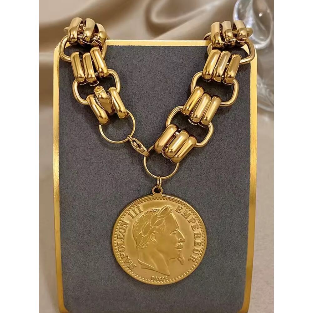 Gold Plated Napoleon Coin Bracelet Chain Link Roman Statement Stainless Steel - Picture 3 of 7